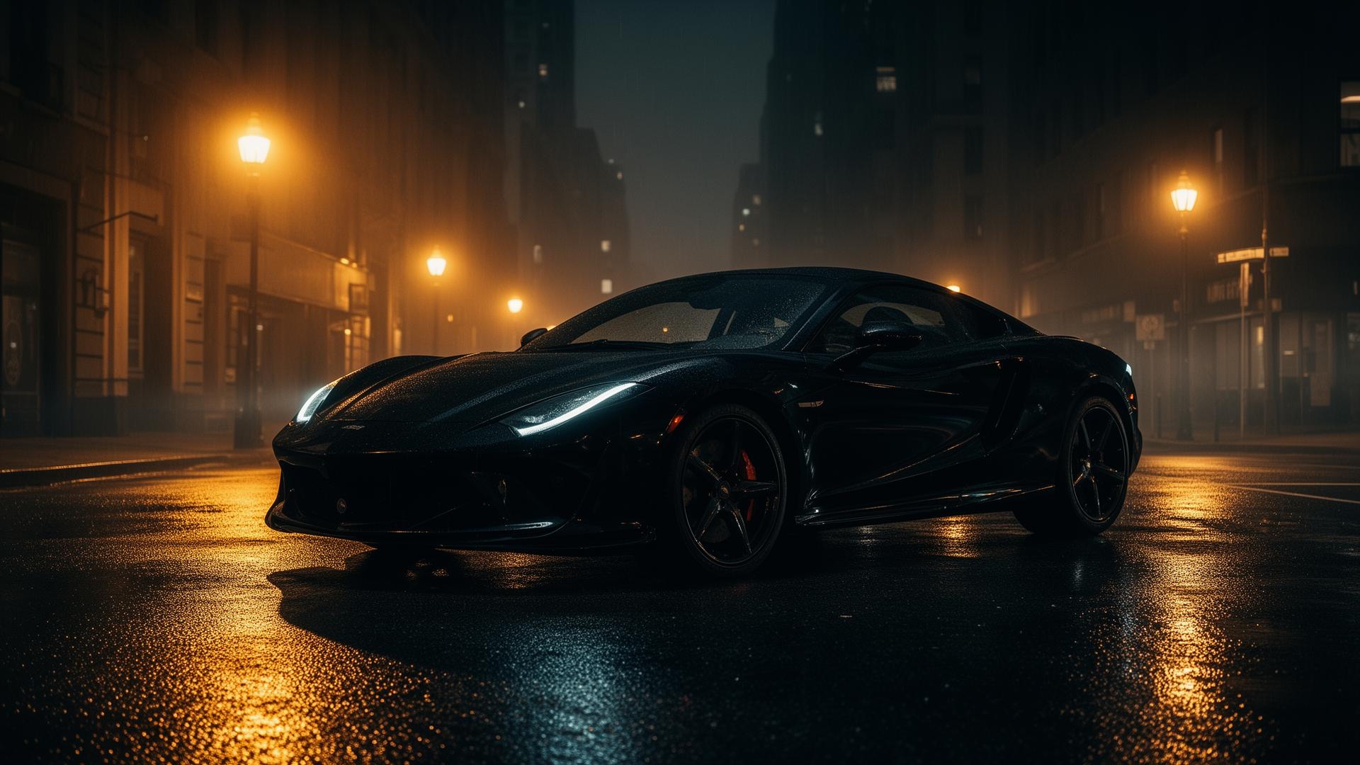 Black supercar on a wet city street at night