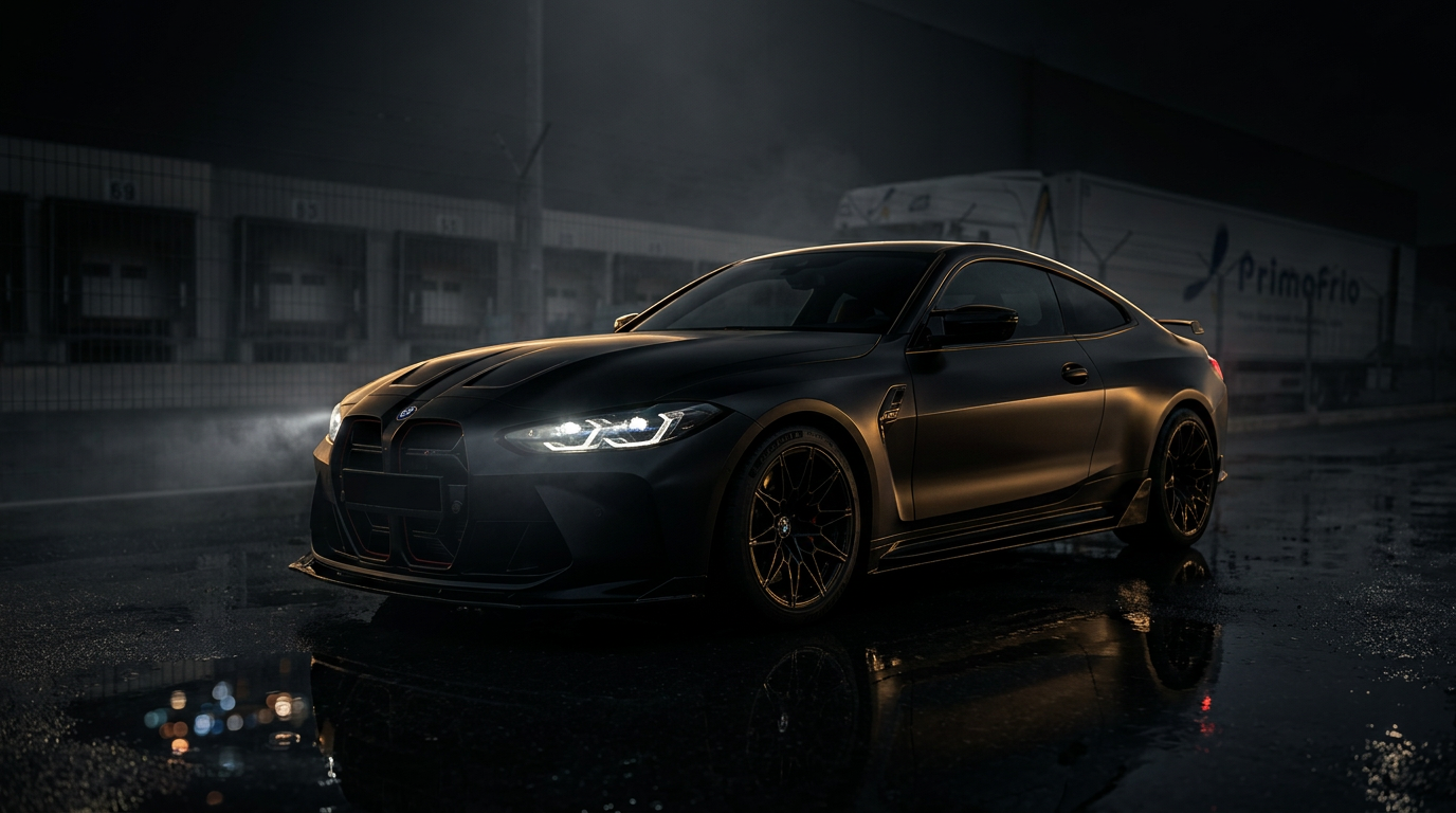 Black supercar on a wet city street at night